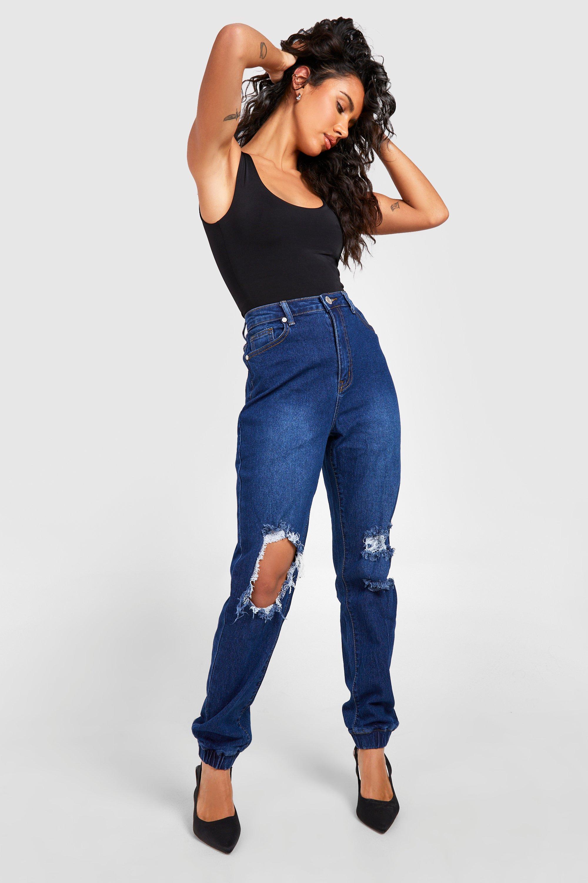 Basics High Waisted Ripped Jogger Jeans boohoo